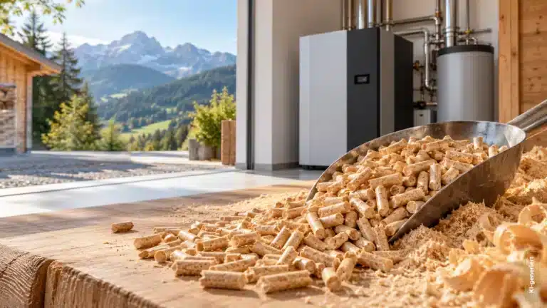 Pellets auf einem Holztisch mit Aussicht aus der Garage auf die umliegende Natur