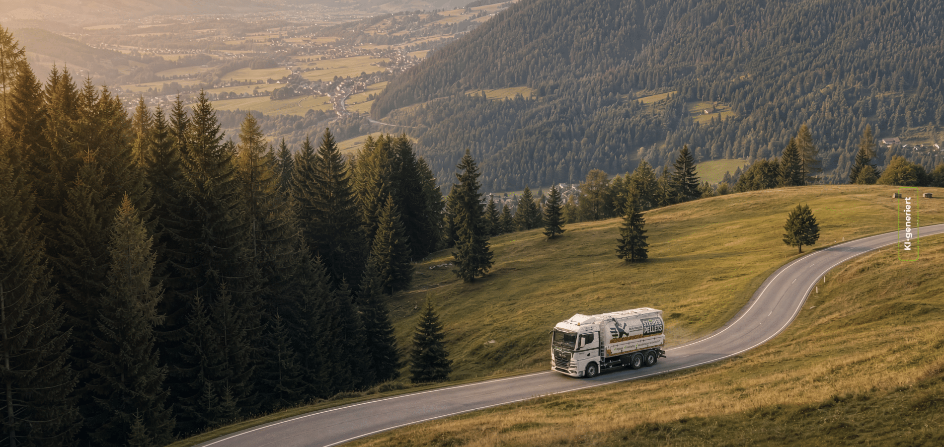 Steirer Pellets Lieferwagen faehrt auf einer kurvigen Strasse durch die steirische Berglandschaft im Abendlicht
