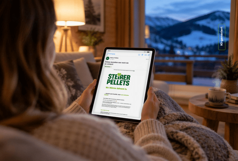 Frau auf Couch gemütlich Zuhause beim Abonnieren des Steirer Pellets Newsletters