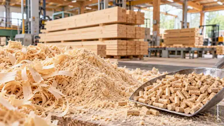 Symbolbild: KI-generierte Darstellung der Holzverarbeitung in Österreich und wie Sägenebenprodukte entstehen
